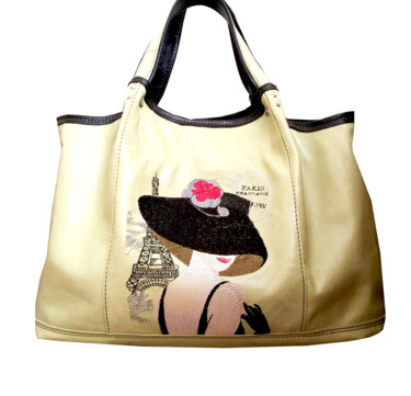 Текстильное искусство под названием "Кожаная сумка "Пари…" - Svetlana Nechaeva, Подлинное произведение искусства, вышивка