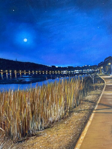 Pintura intitulada "Full moon on Lake L…" por Svetlana Pataridze, Obras de arte originais, Laca