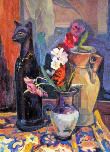 Malerei mit dem Titel "Still life with cat." von Svetlana Prokosheva, Original-Kunstwerk, Gouache