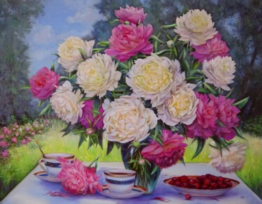Картина под названием "Пионы в саду" - Svetlana Razumova, Подлинное произведение искусства, Масло