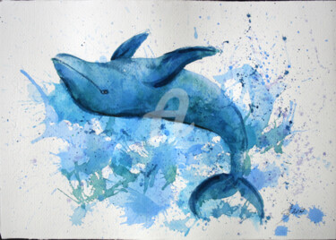 Painting titled "Whale blue" by Svetlana Samovarova (SA.LANA), Original Artwork, Watercolor