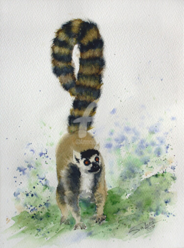 Painting titled "LEMUR I" by Svetlana Samovarova (SA.LANA), Original Artwork, Watercolor