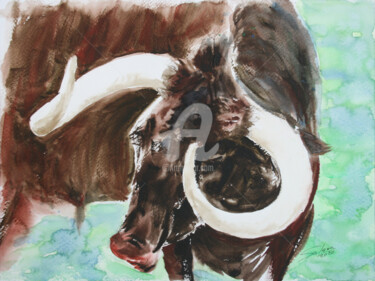 Painting titled "BULL I - ANIMAL POR…" by Svetlana Samovarova (SA.LANA), Original Artwork, Watercolor