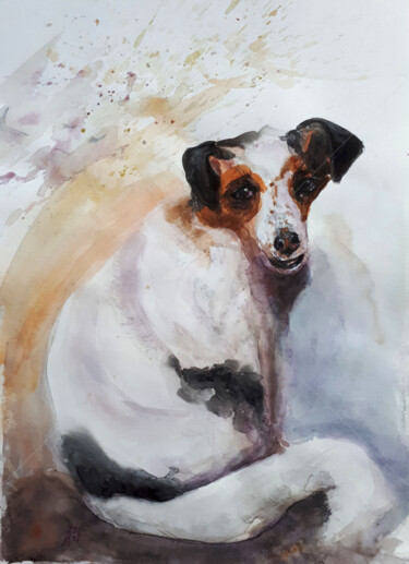 Painting titled "DOG NAMED LUCKY..." by Svetlana Samovarova (SA.LANA), Original Artwork, Watercolor