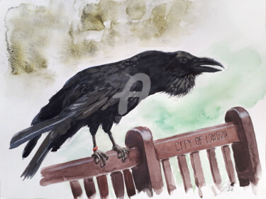 Painting titled "RAVEN OF THE TOWER…" by Svetlana Samovarova (SA.LANA), Original Artwork, Watercolor