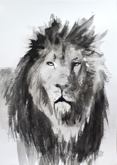 Painting titled "ASIATIC LION" by Svetlana Samovarova (SA.LANA), Original Artwork, Watercolor