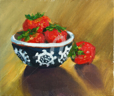 Painting titled "STRAWBERRY... STILL…" by Svetlana Samovarova (SA.LANA), Original Artwork, Oil Mounted on Cardboard