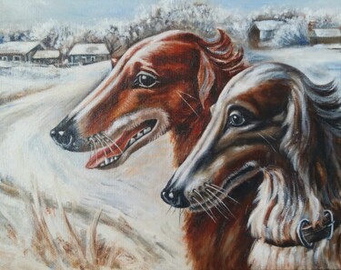 Malerei mit dem Titel "Winter hunting." von Svetlana Samsonova, Original-Kunstwerk, Öl