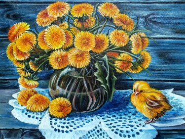 Картина под названием "A bouquet of dandel…" - Svetlana Samsonova, Подлинное произведение искусства, Масло