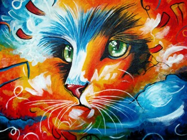 Ζωγραφική με τίτλο "Rainbow Cat." από Svetlana Samsonova, Αυθεντικά έργα τέχνης, Ακρυλικό