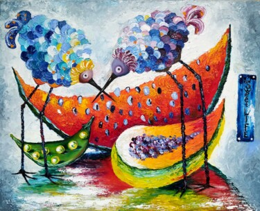 Painting titled "Watermelon and stra…" by Svetlana Samsonova, Original Artwork, Oil