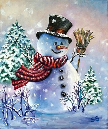 Schilderij getiteld "Cheerful snowman." door Svetlana Samsonova, Origineel Kunstwerk, Olie