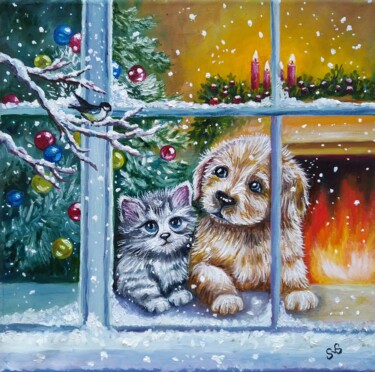 Pintura intitulada "A puppy and kitten…" por Svetlana Samsonova, Obras de arte originais, Óleo