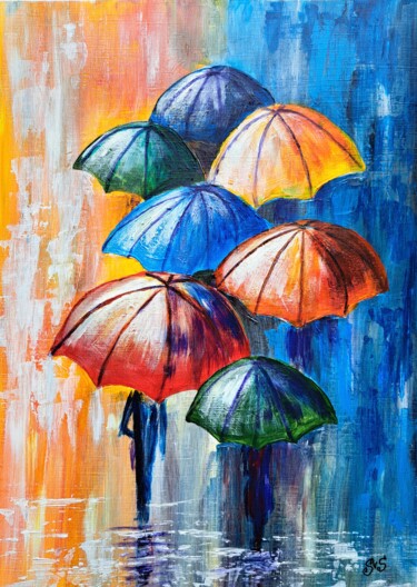 Drawing titled "Colorful umbrellas." by Svetlana Samsonova, Original Artwork, Acrylic