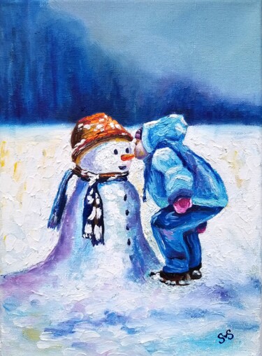Painting titled "A boy and a snowman." by Svetlana Samsonova, Original Artwork, Oil
