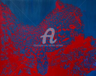 Peinture intitulée "Red leopard on blue" par Svetlana Saratova, Œuvre d'art originale, Acrylique