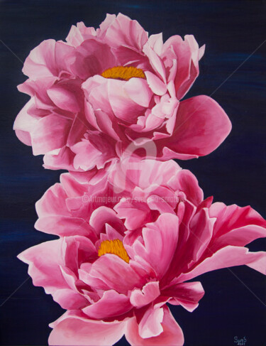 Schilderij getiteld "Love, two pink peon…" door Svetlana Saratova, Origineel Kunstwerk, Acryl
