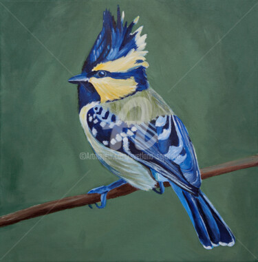 Malerei mit dem Titel "Bird on green backg…" von Svetlana Saratova, Original-Kunstwerk, Acryl