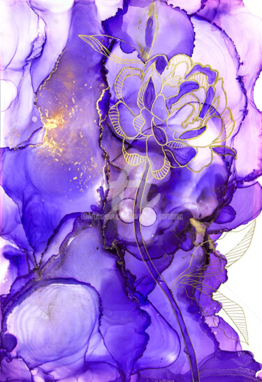 Картина под названием "Golden flower on li…" - Svetlana Saratova, Подлинное произведение искусства, Чернила