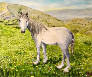 Painting titled "WHITE HORSE IN DAGE…" by Svetlana Shavrina, Original Artwork, Oil Mounted on Wood Stretcher frame