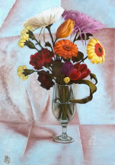 Painting titled "Bouquet with gerber…" by Svetlana Shcherilya, Original Artwork, Oil Mounted on Cardboard
