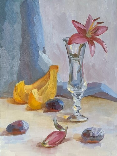 Painting titled "Lily Flower in a Gl…" by Svetlana Shcherilya, Original Artwork, Oil Mounted on Wood Stretcher frame