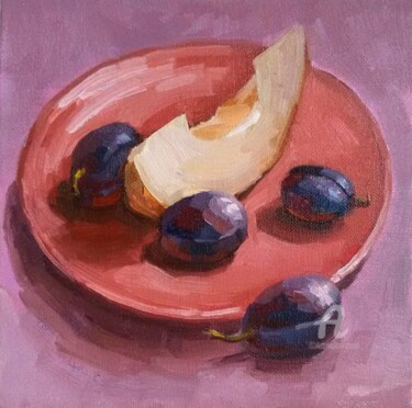 Pintura intitulada "Plum painting, frui…" por Svetlana Shcherilya, Obras de arte originais, Óleo Montado em Cartão