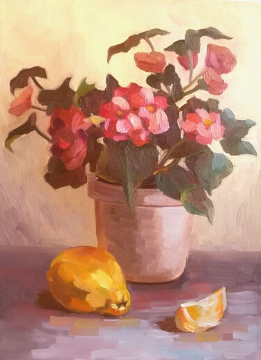 Painting titled "Begonia in the gold…" by Svetlana Shcherilya, Original Artwork, Oil Mounted on Wood Stretcher frame