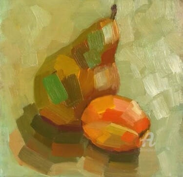 Painting titled "Apricot and pear, o…" by Svetlana Shcherilya, Original Artwork, Oil Mounted on Other rigid panel