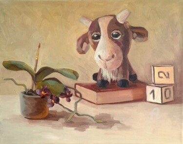 Картина под названием "Goat and orchid sti…" - Svetlana Shcherilya, Подлинное произведение искусства, Масло Установлен на Де…