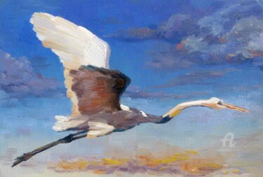Painting titled "Heron Painting Bird…" by Svetlana Shcherilya, Original Artwork, Oil Mounted on Other rigid panel
