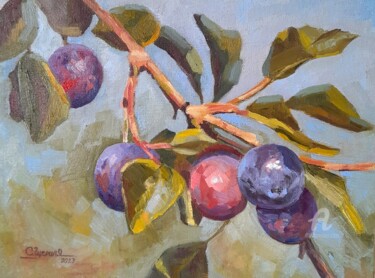 Malerei mit dem Titel "Plum fruits on a br…" von Svetlana Shcherilya, Original-Kunstwerk, Öl Auf Karton montiert
