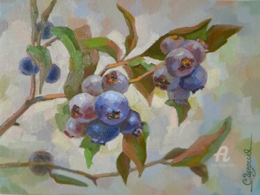 Painting titled "Blueberry branch" by Svetlana Shcherilya, Original Artwork, Oil Mounted on Cardboard