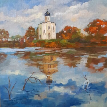 Painting titled "Temple by the Nerl…" by Svetlana Shcherilya, Original Artwork, Oil Mounted on Cardboard