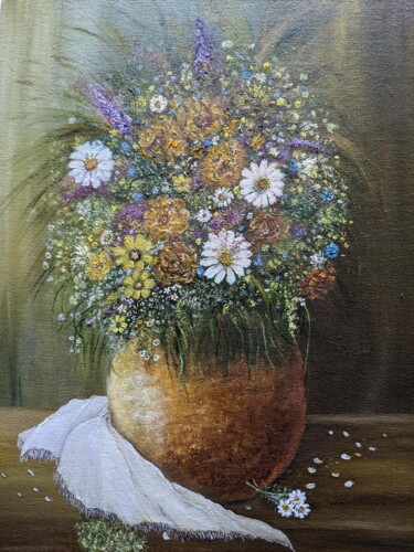 Картина под названием "Букет с ромашками" - Svetlana Studenikina, Подлинное произведение искусства, Масло