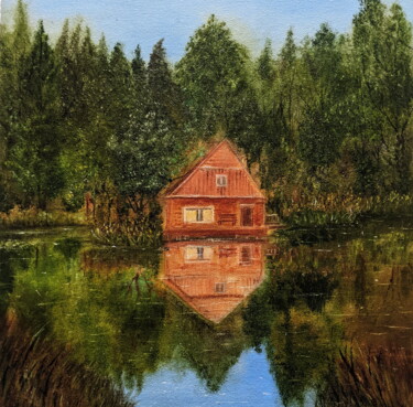 Painting titled "Домик у лесного озе…" by Svetlana Studenikina, Original Artwork, Oil