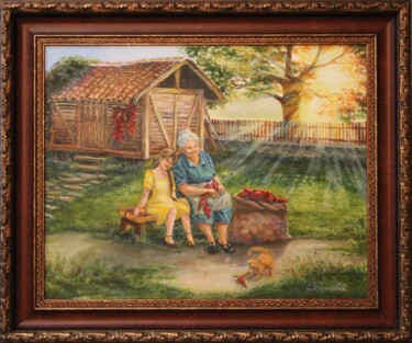 Painting titled "Бабушкины помощники" by Svetlana Verisova /Brezashka/, Original Artwork, Oil Mounted on Wood Stretcher frame