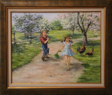 Painting titled "Village love" by Svetlana Verisova /Brezashka/, Original Artwork, Oil Mounted on Wood Stretcher frame