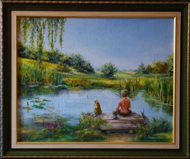 Painting titled "Fishing with a cat" by Svetlana Verisova /Brezashka/, Original Artwork, Oil Mounted on Wood Stretcher frame