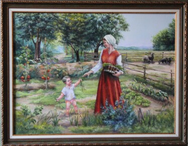 Ζωγραφική με τίτλο "Im Garten mit Mama" από Svetlana Verisova /Brezashka/, Αυθεντικά έργα τέχνης, Λάδι Τοποθετήθηκε στο Ξύλι…