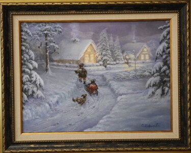 Painting titled "Winter fun" by Svetlana Verisova /Brezashka/, Original Artwork, Oil Mounted on Wood Stretcher frame