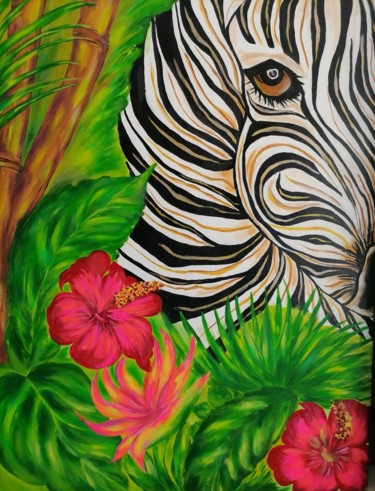 Картина под названием "Зебра в тропиках" - Svetlana Sklyar, Подлинное произведение искусства, Акрил Установлен на Деревянная…