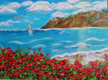 Картина под названием "Бирюзовое море и кр…" - Svetlana Sklyar, Подлинное произведение искусства, Акрил Установлен на Деревя…