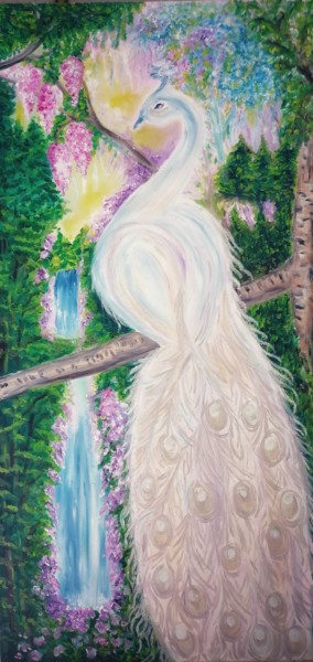Painting titled "Белый павлин" by Svetlana Sklyar, Original Artwork, Oil Mounted on Wood Stretcher frame