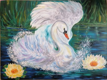 Schilderij getiteld "White swan..Белый л…" door Svetlana Sklyar, Origineel Kunstwerk, Olie Gemonteerd op Frame voor houten b…