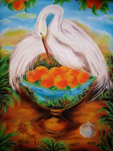 Peinture intitulée "Белый аист и чаша и…" par Svetlana Sklyar, Œuvre d'art originale, Huile Monté sur Châssis en bois