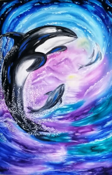 Картина под названием "Смелый кит" - Svetlana Sklyar, Подлинное произведение искусства, Масло Установлен на Деревянная рама…