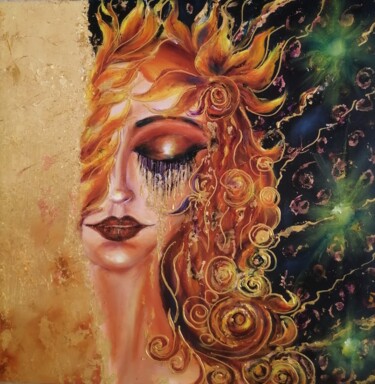 Schilderij getiteld "Immortal gold tears" door Svetlana Sklyar, Origineel Kunstwerk, Olie Gemonteerd op Houten paneel