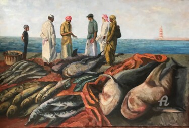 Painting titled "Fish market in Cape…" by Svet Schiel Gallery, Original Artwork, Oil Mounted on Wood Stretcher frame