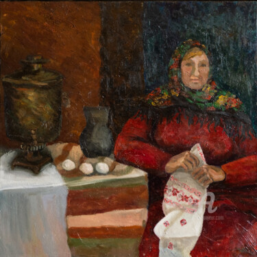 Картина под названием "Украинка за вышивкой" - Svet Schiel Gallery, Подлинное произведение искусства, Масло Установлен на Де…